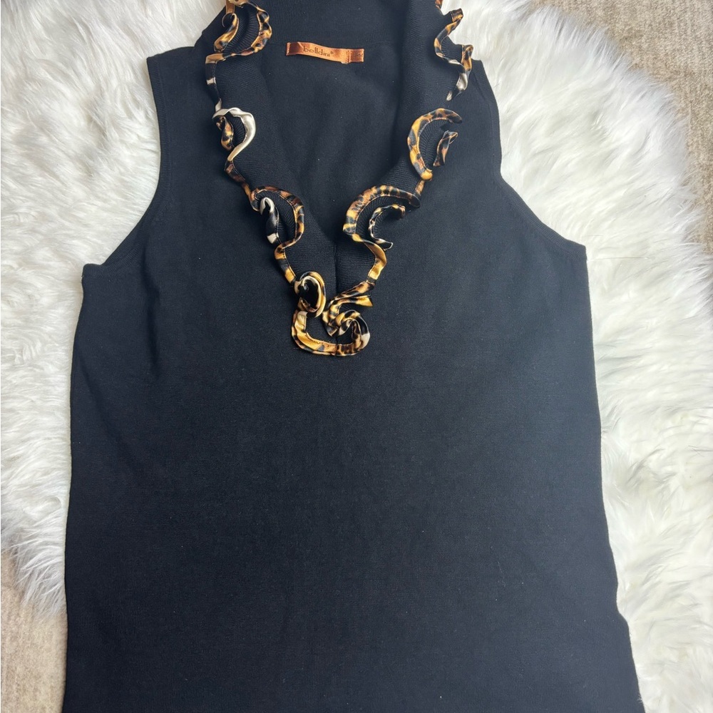 Belldini Black Sleeveless Tank with Satin Leopard Edging